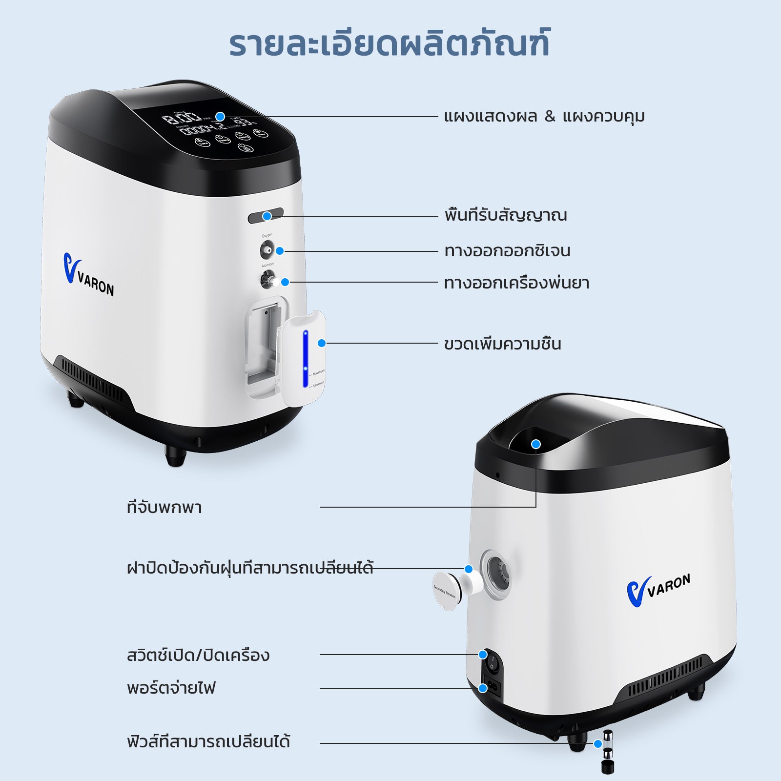 VARON เครื่องผลิตออกซิเจนสำหรับใช้ในบ้าน รุ่น 105W PRO ปรับอัตราการไหลได้ 1-8 ลิตร/นาที การรับประกัน 1 ปี